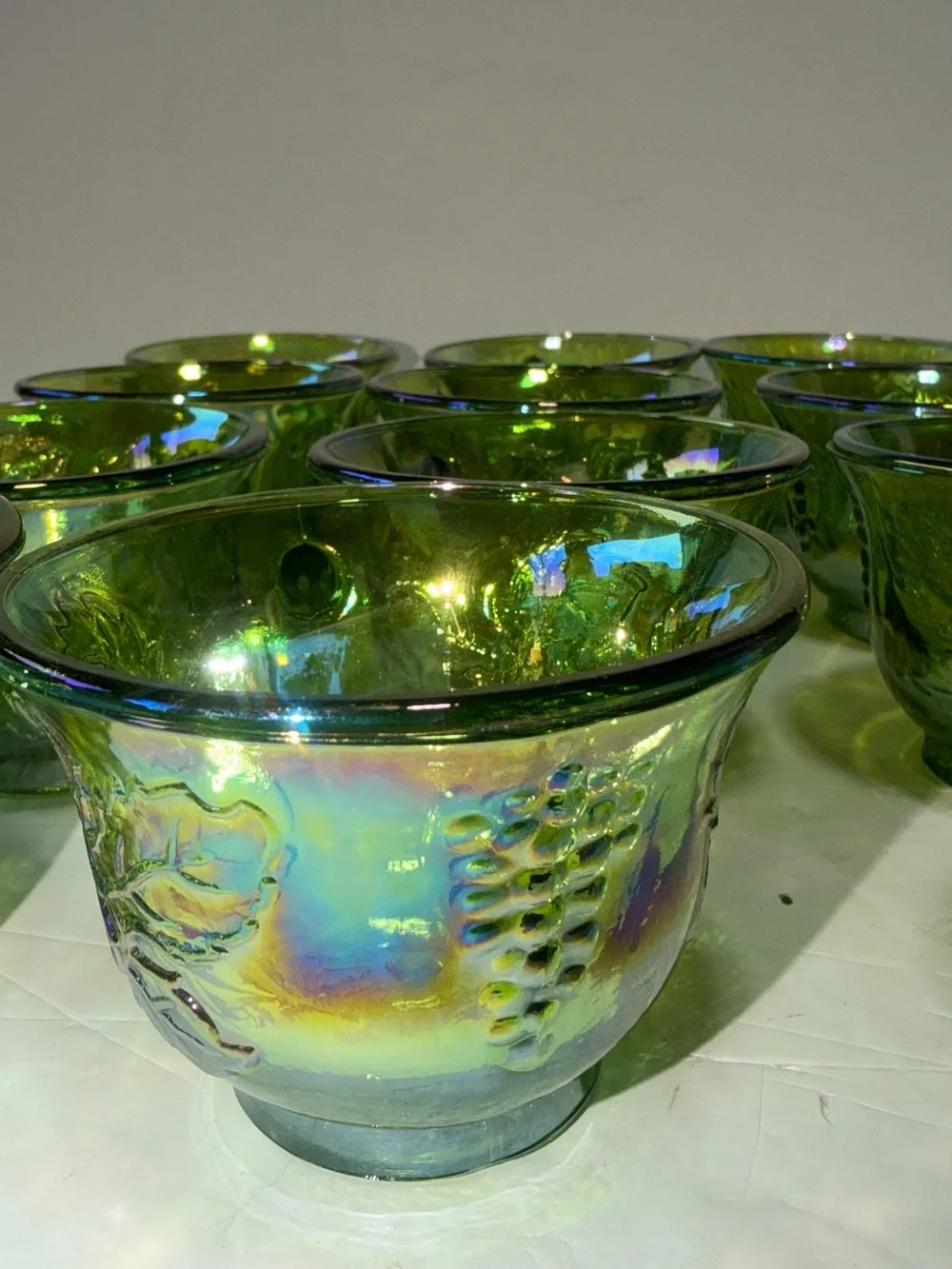 Indiana Glass Green Iridescent Grape Pattern Cups - Set of 12